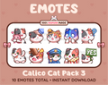 Calico Cat Twitch emote pack featuring 10 emotes including hug, scared, bonk, and popcorn.