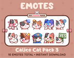 Calico Cat Twitch emote pack featuring 10 emotes including hug, scared, bonk, and popcorn.
