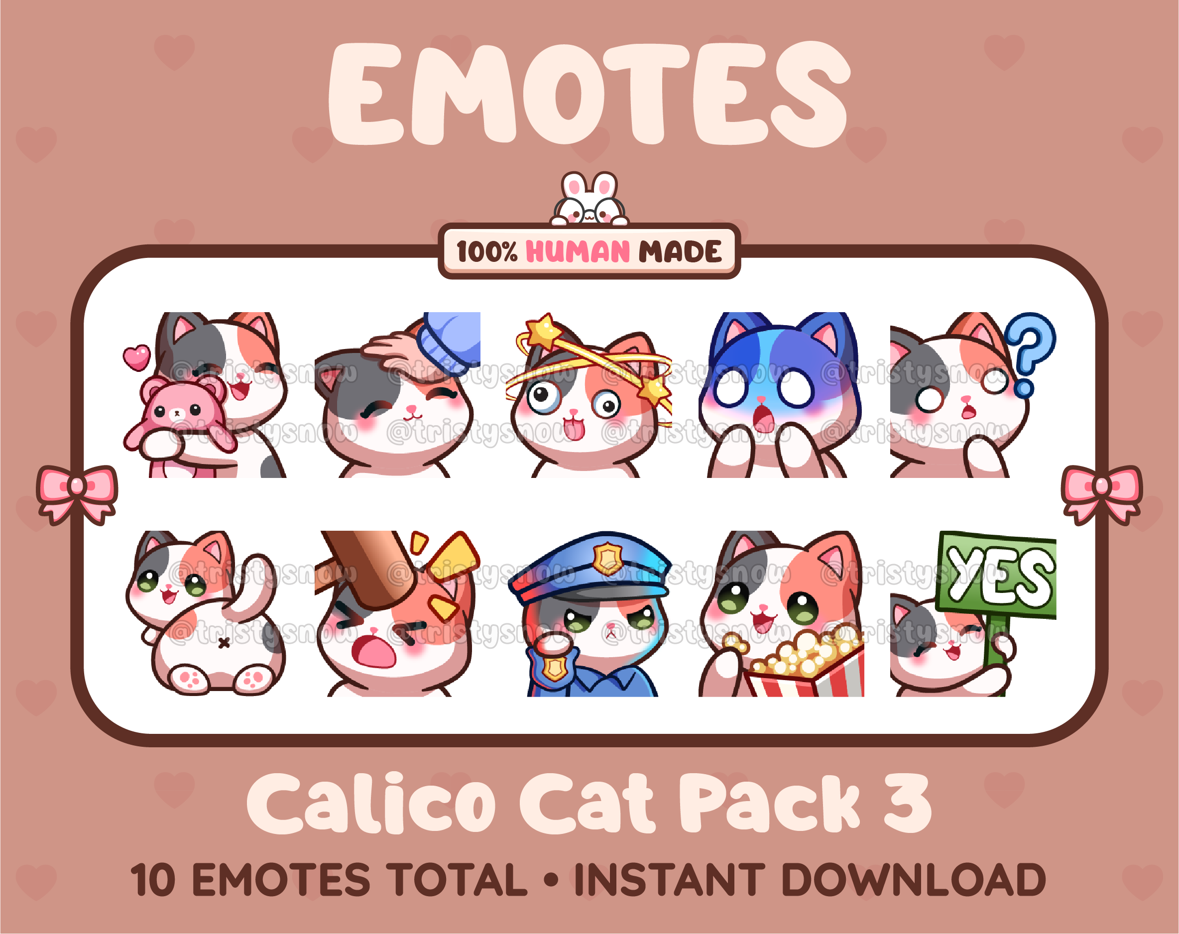 Calico Cat Twitch emote pack featuring 10 emotes including hug, scared, bonk, and popcorn.