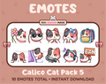 Calico Cat Twitch emote pack featuring 10 emotes including flower, cool, plead, and lurk.