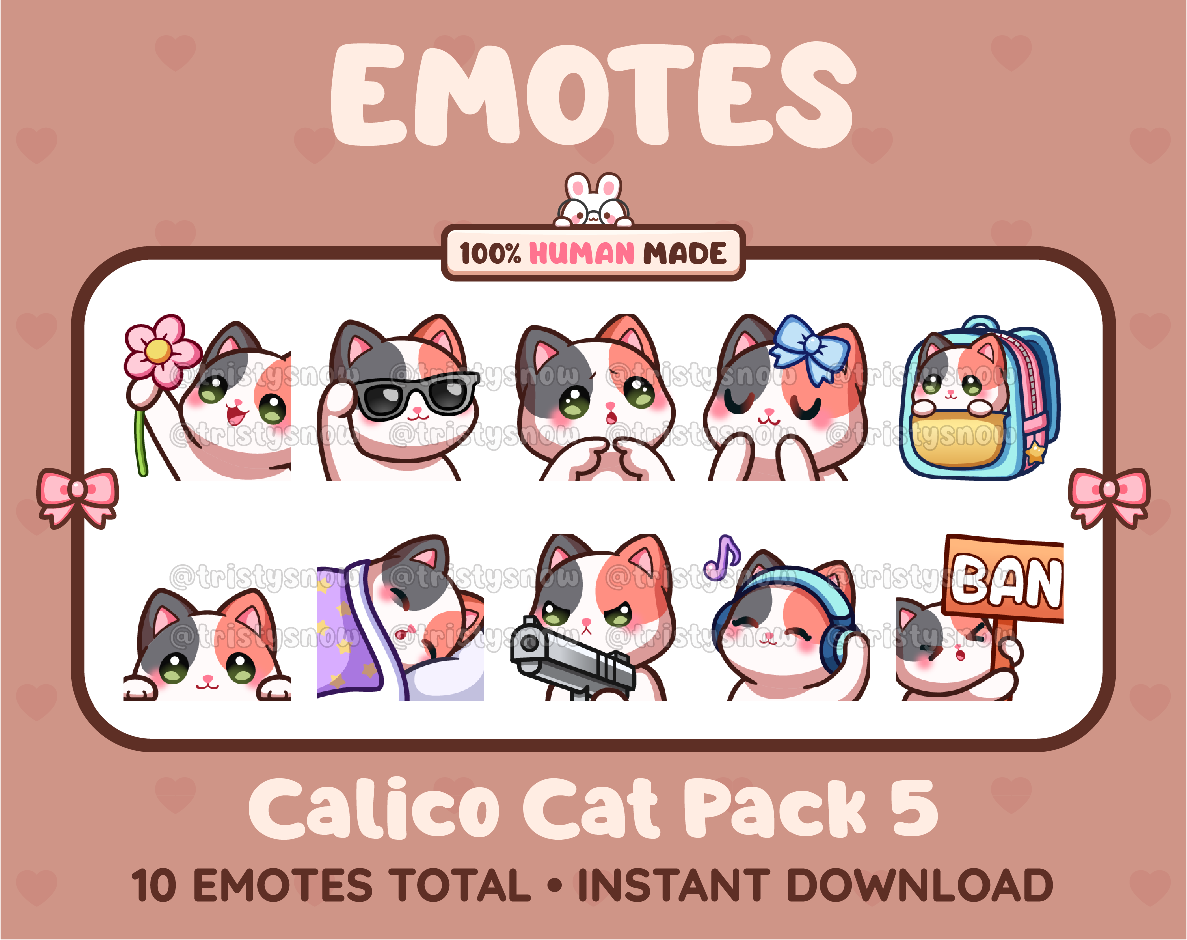 Calico Cat Twitch emote pack featuring 10 emotes including flower, cool, plead, and lurk.