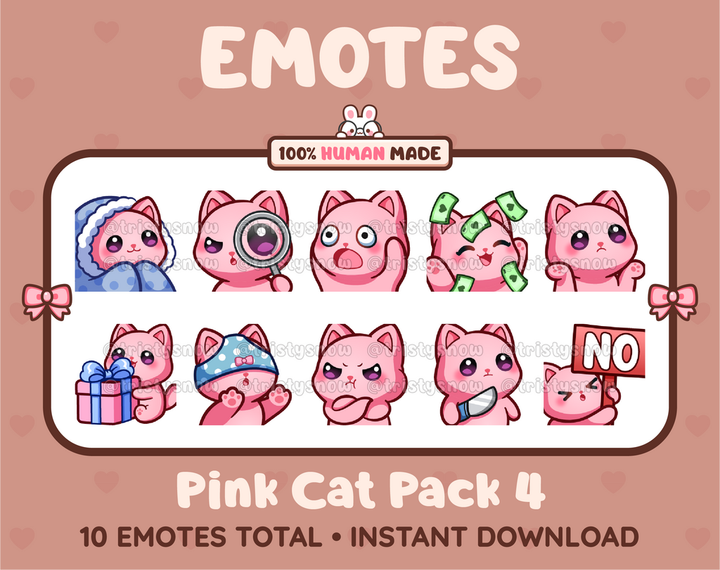 Pink Cat Twitch emote pack featuring 10 emotes including cozy, sus, panic, and shrug.