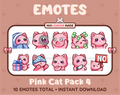 Pink Cat Twitch emote pack featuring 10 emotes including cozy, sus, panic, and shrug.