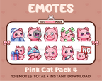 Pink Cat Twitch emote pack featuring 10 emotes including cozy, sus, panic, and shrug.