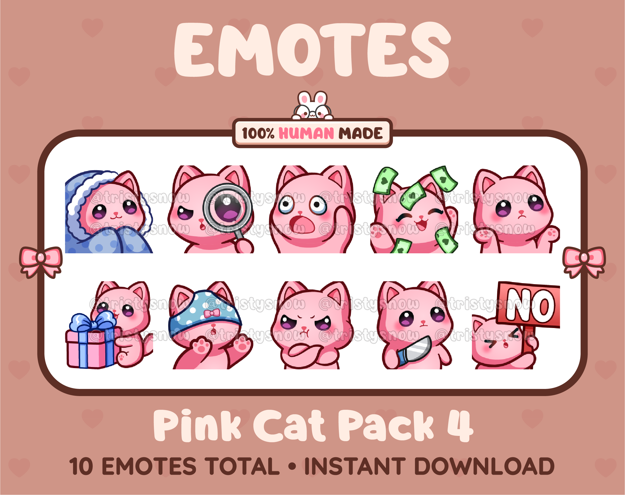 Pink Cat Twitch emote pack featuring 10 emotes including cozy, sus, panic, and shrug.
