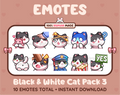 Black & White Cat Twitch emote pack featuring 10 emotes including hug, scared, bonk, and popcorn.
