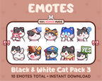 Black & White Cat Twitch emote pack featuring 10 emotes including hug, scared, bonk, and popcorn.