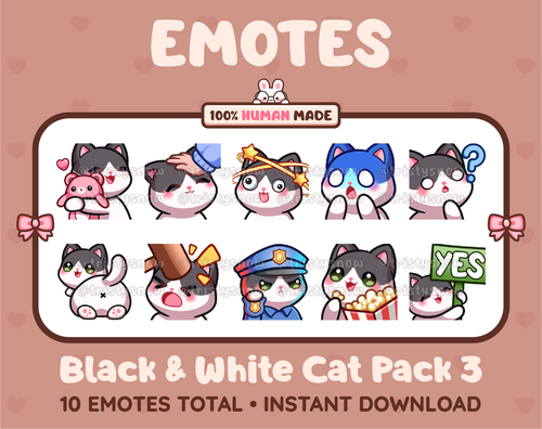 Black & White Cat Twitch emote pack featuring 10 emotes including hug, scared, bonk, and popcorn.