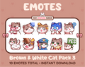 Brown & White Cat Twitch emote pack featuring 10 emotes including hug, scared, bonk, and popcorn.
