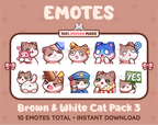 Brown & White Cat Twitch emote pack featuring 10 emotes including hug, scared, bonk, and popcorn.