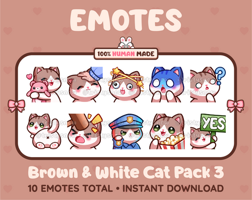 Brown & White Cat Twitch emote pack featuring 10 emotes including hug, scared, bonk, and popcorn.