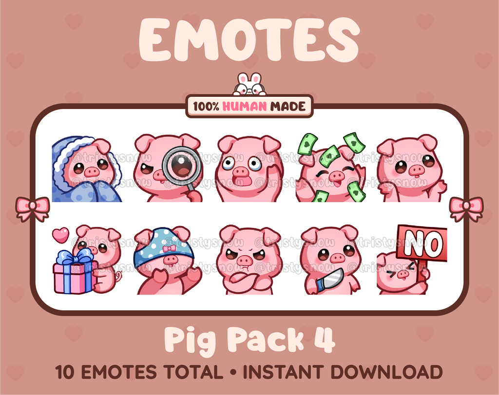 Pig Twitch emote pack featuring 10 emotes including cozy, sus, panic, and shrug.
