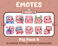Pig Twitch emote pack featuring 10 emotes including cozy, sus, panic, and shrug.