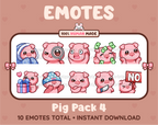 Pig Twitch emote pack featuring 10 emotes including cozy, sus, panic, and shrug.