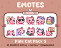 Pink Cat Twitch emote pack featuring 10 emotes including flower, cool, plead, and lurk.