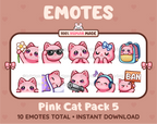 Pink Cat Twitch emote pack featuring 10 emotes including flower, cool, plead, and lurk.