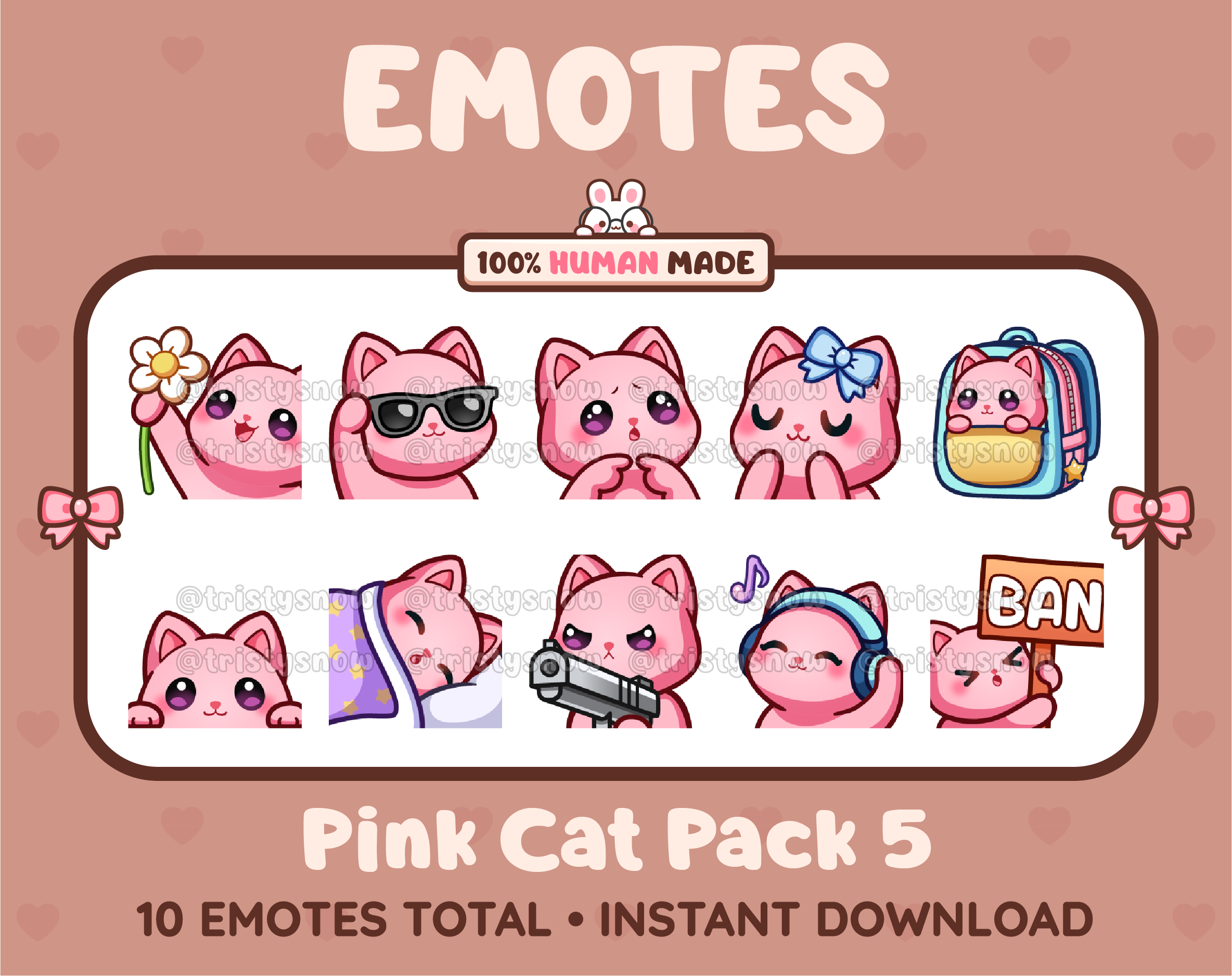 Pink Cat Twitch emote pack featuring 10 emotes including flower, cool, plead, and lurk.