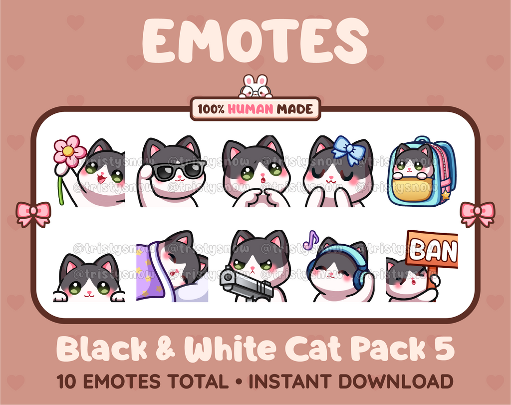 Black and White Cat Twitch emote pack featuring 10 emotes including flower, cool, plead, and lurk.