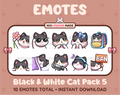 Black and White Cat Twitch emote pack featuring 10 emotes including flower, cool, plead, and lurk.