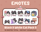 Black and White Cat Twitch emote pack featuring 10 emotes including flower, cool, plead, and lurk.