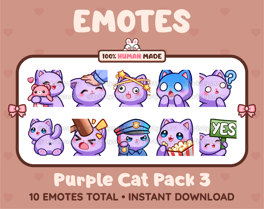 Purple Cat Twitch emote pack featuring 10 emotes including hug, scared, bonk, and popcorn.