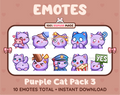 Purple Cat Twitch emote pack featuring 10 emotes including hug, scared, bonk, and popcorn.