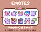 Purple Cat Twitch emote pack featuring 10 emotes including hug, scared, bonk, and popcorn.