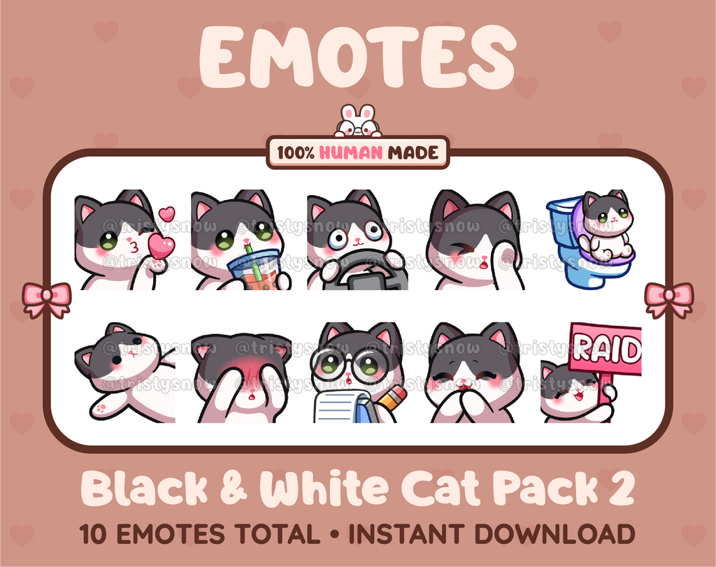 Black & White Cat Twitch emote pack featuring 10 emotes including kiss, facepalm, shy, and raid.