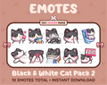 Black & White Cat Twitch emote pack featuring 10 emotes including kiss, facepalm, shy, and raid.