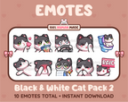 Black & White Cat Twitch emote pack featuring 10 emotes including kiss, facepalm, shy, and raid.