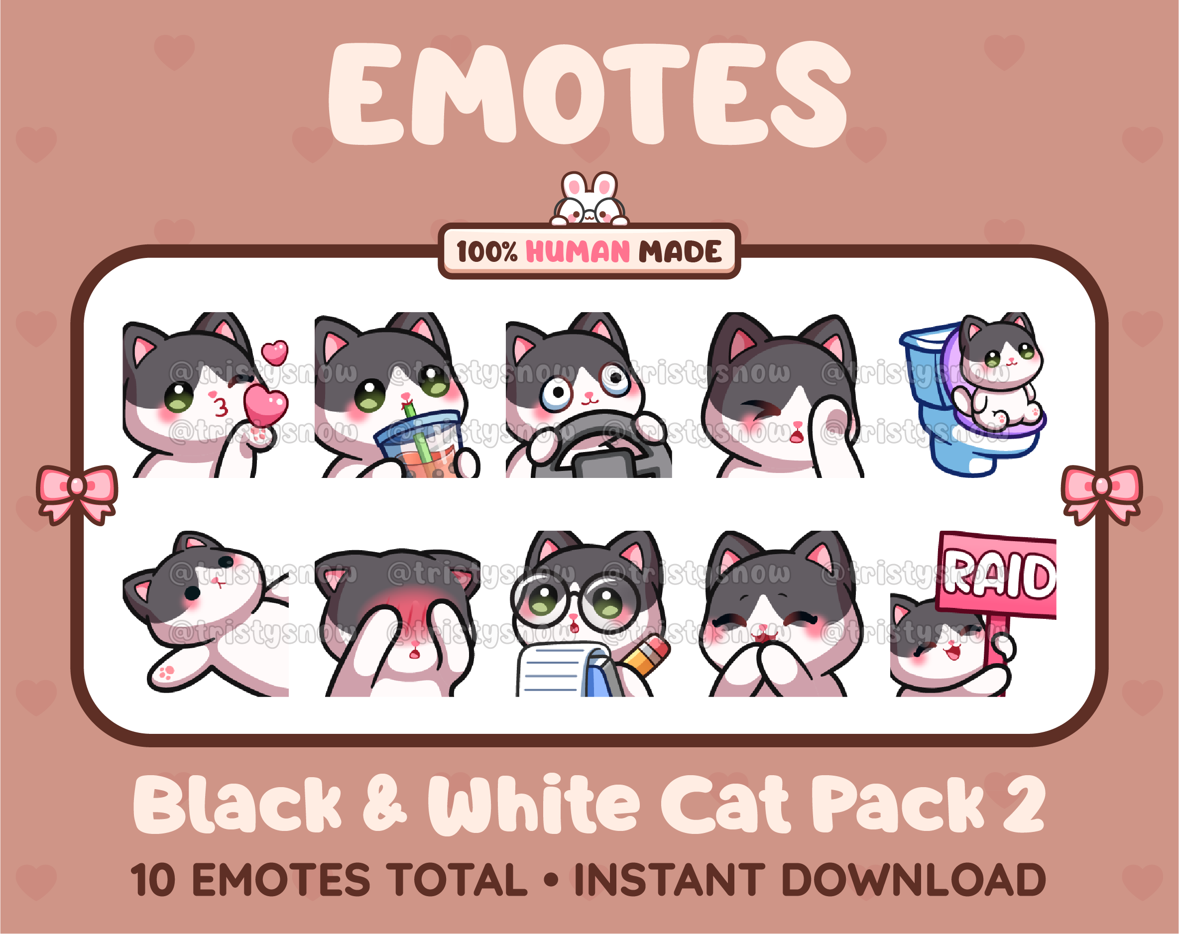 Black & White Cat Twitch emote pack featuring 10 emotes including kiss, facepalm, shy, and raid.