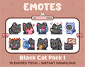 Black Cat Twitch emote pack featuring 10 emotes including GG, angry, cry, and hype.