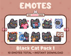 Black Cat Twitch emote pack featuring 10 emotes including GG, angry, cry, and hype.