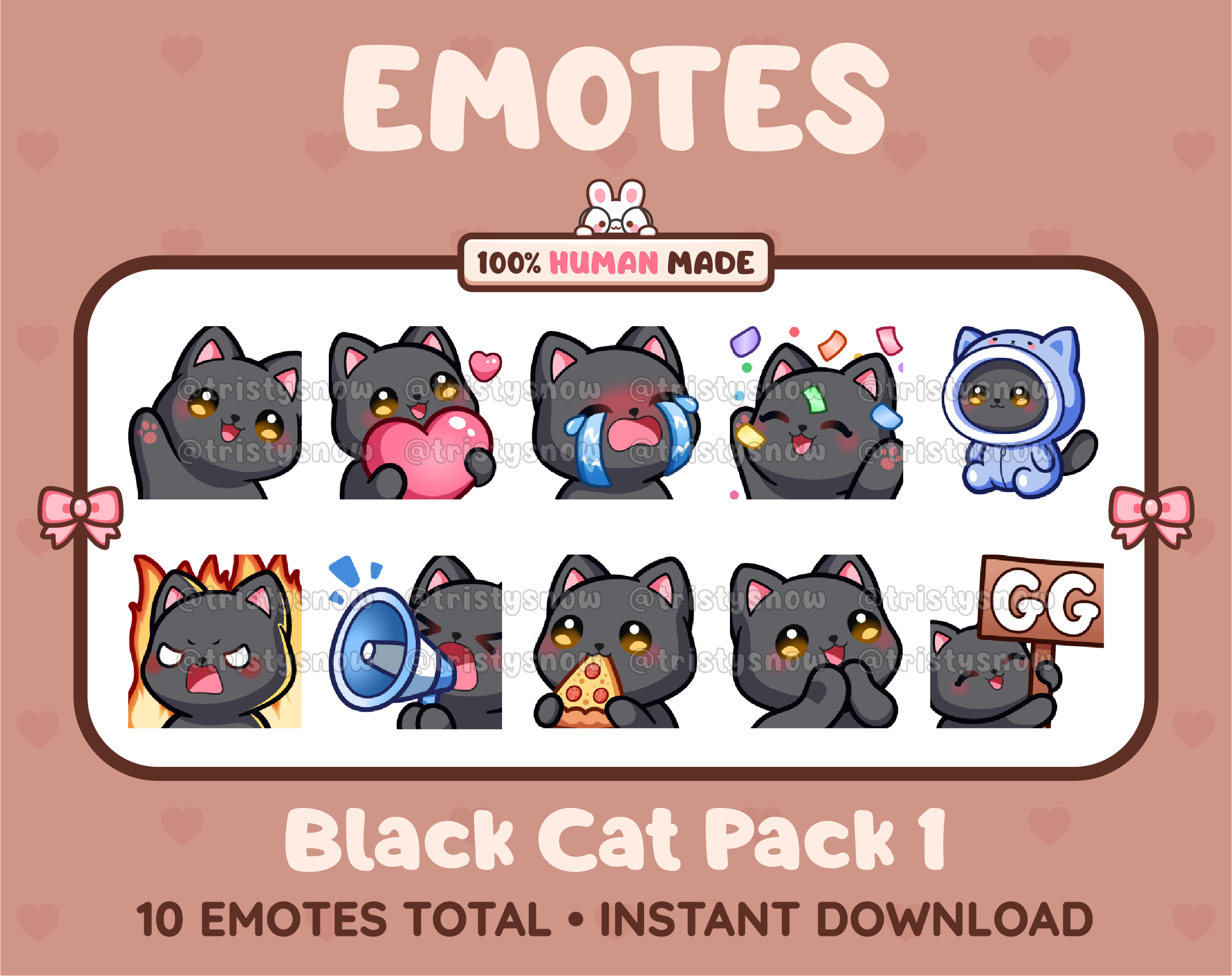 Black Cat Twitch emote pack featuring 10 emotes including GG, angry, cry, and hype.