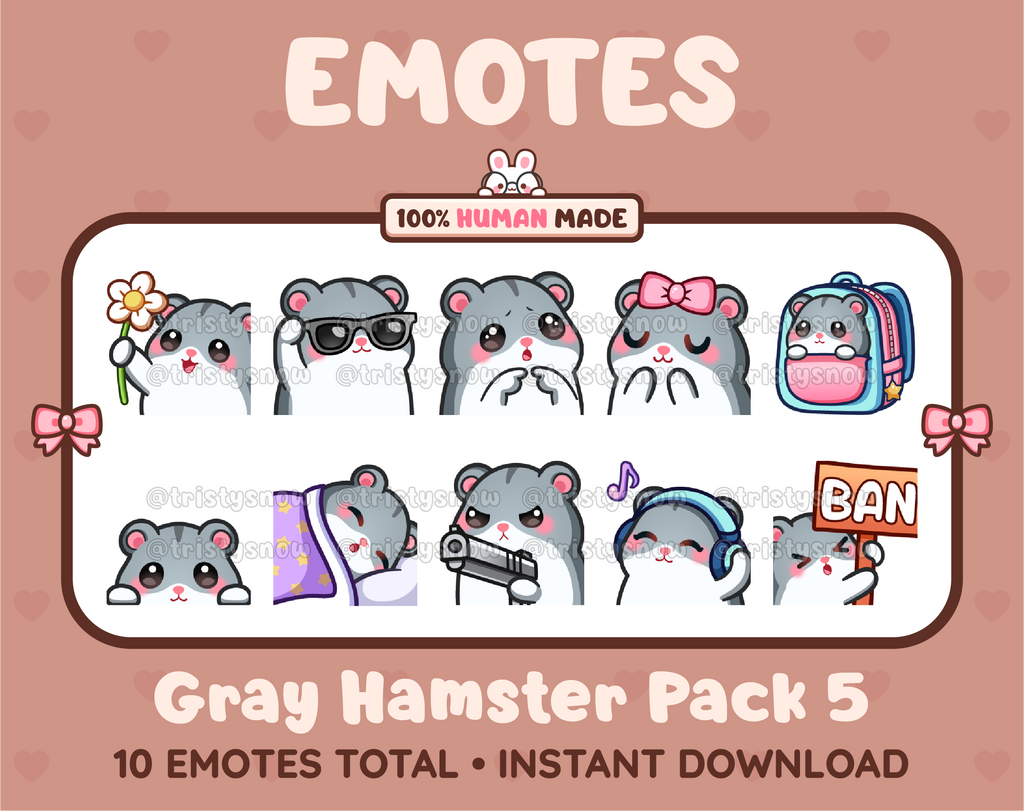 Gray Hamster Twitch emote pack featuring 10 emotes including flower, cool, plead, and lurk.
