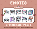 Gray Hamster Twitch emote pack featuring 10 emotes including flower, cool, plead, and lurk.