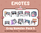 Gray Hamster Twitch emote pack featuring 10 emotes including flower, cool, plead, and lurk.