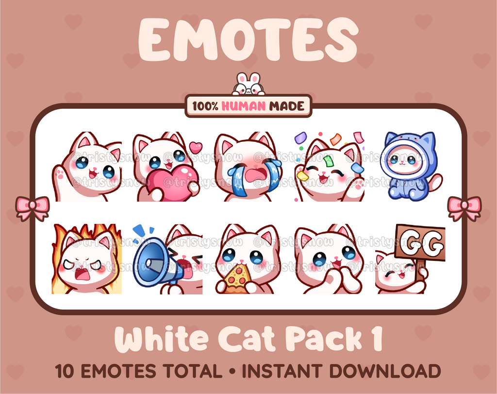 White Cat Twitch emote pack featuring 10 emotes including GG, angry, cry, and hype.