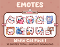 White Cat Twitch emote pack featuring 10 emotes including GG, angry, cry, and hype.