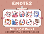White Cat Twitch emote pack featuring 10 emotes including GG, angry, cry, and hype.