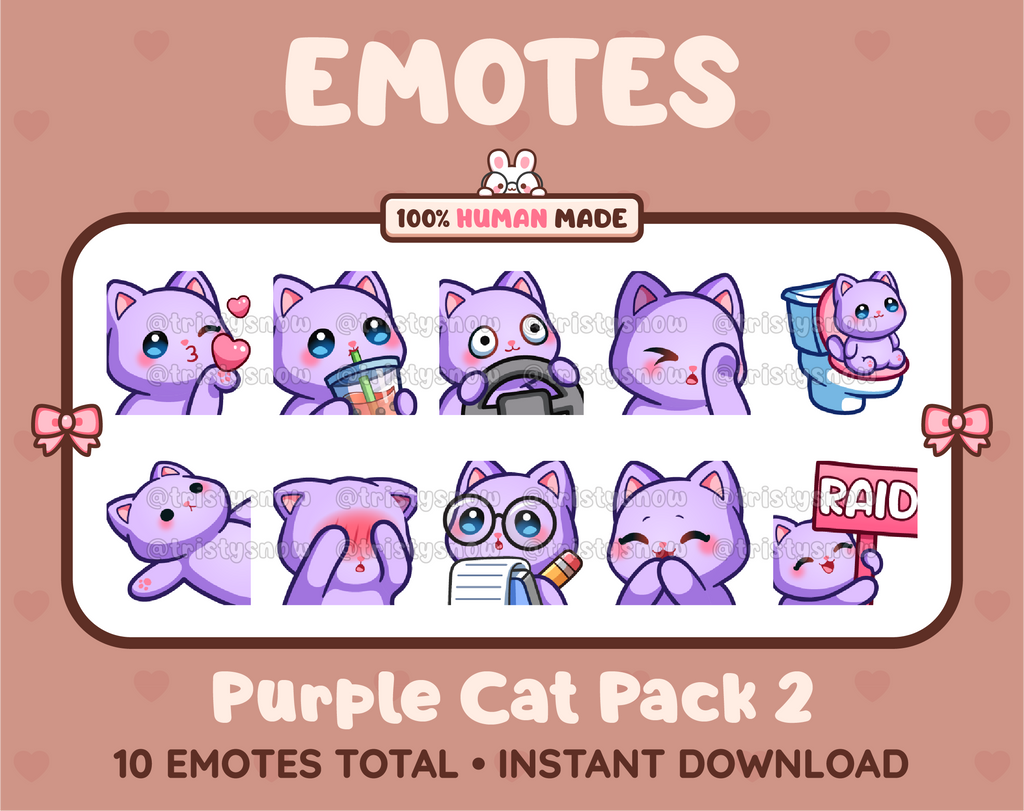 Purple Cat Twitch emote pack featuring 10 emotes including kiss, facepalm, shy, and raid.