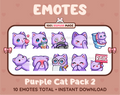 Purple Cat Twitch emote pack featuring 10 emotes including kiss, facepalm, shy, and raid.