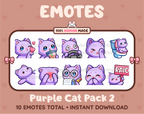 Purple Cat Twitch emote pack featuring 10 emotes including kiss, facepalm, shy, and raid.