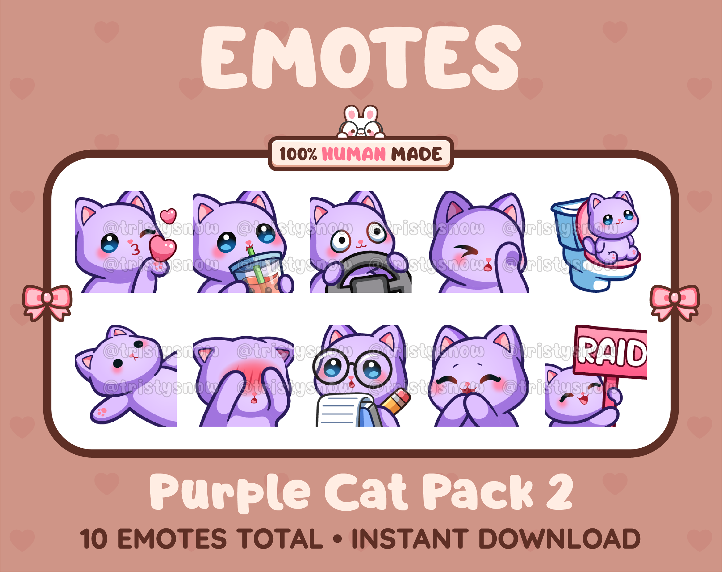 Purple Cat Twitch emote pack featuring 10 emotes including kiss, facepalm, shy, and raid.
