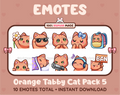 Orange Tabby Cat Twitch emote pack featuring 10 emotes including flower, cool, plead, and lurk.