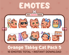Orange Tabby Cat Twitch emote pack featuring 10 emotes including flower, cool, plead, and lurk.