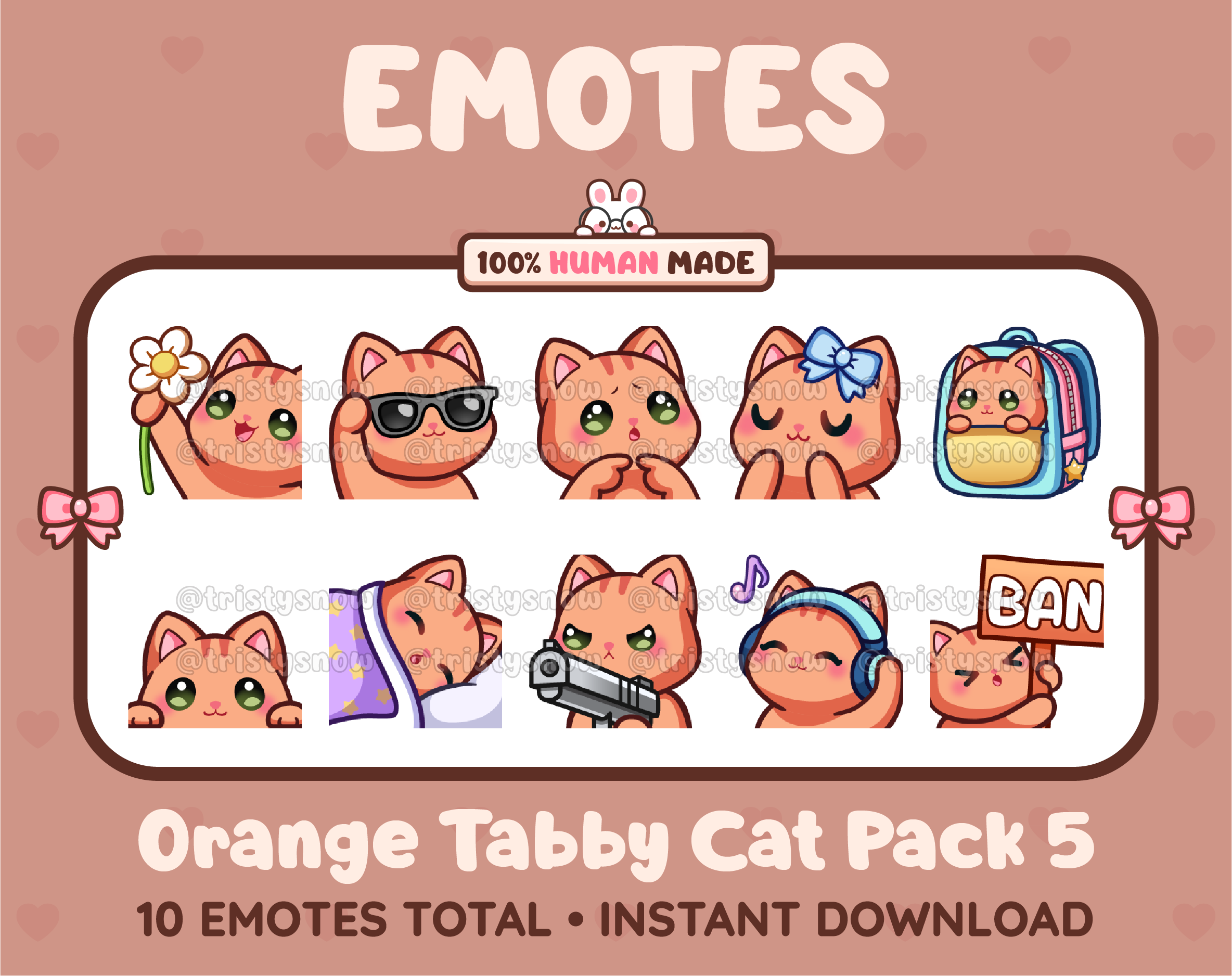 Orange Tabby Cat Twitch emote pack featuring 10 emotes including flower, cool, plead, and lurk.
