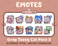 Gray Tabby Cat Twitch emote pack featuring 10 emotes including hug, scared, bonk, and popcorn.