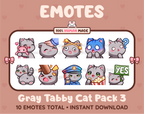 Gray Tabby Cat Twitch emote pack featuring 10 emotes including hug, scared, bonk, and popcorn.