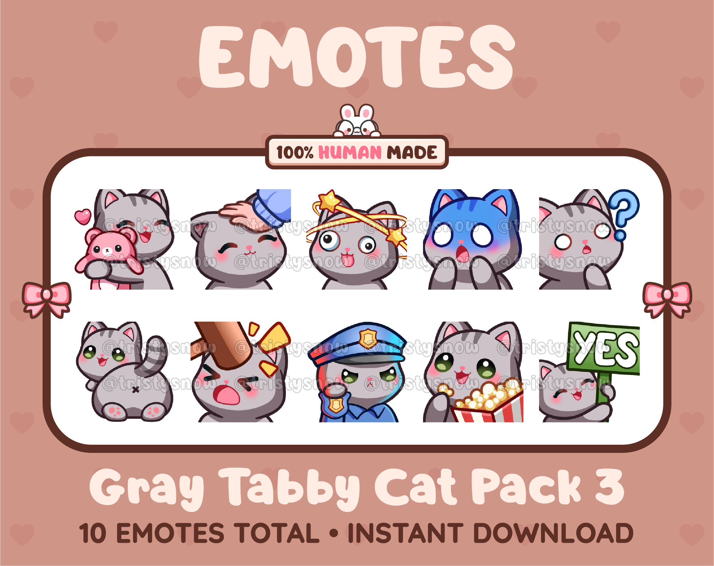 Gray Tabby Cat Twitch emote pack featuring 10 emotes including hug, scared, bonk, and popcorn.